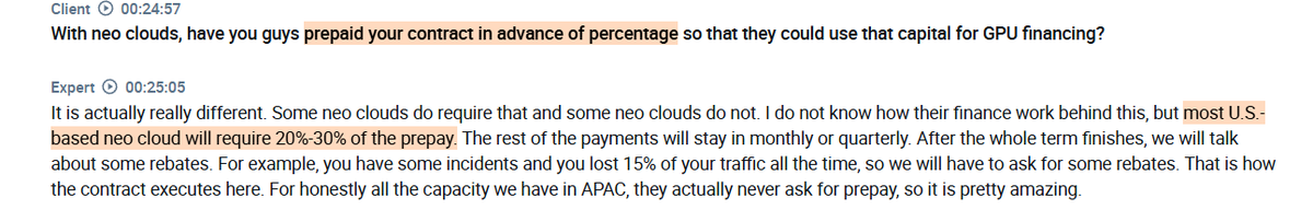 Transcript excerpt with highlighted passages about US neoclouds requiring 20 to 30 percent prepayment and APAC providers not requiring it