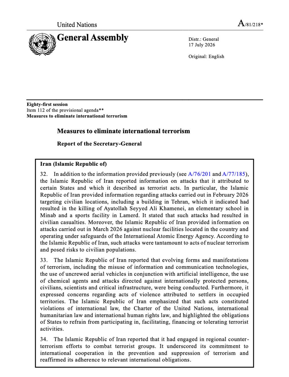 UNWatch's tweet photo. No Joke: The Islamic Republic of Iran, the world’s leading state sponsor of terrorism, reports to the U.N. General Assembly that they have “engaged in regional counter-terrorism efforts to combat terrorist groups.”