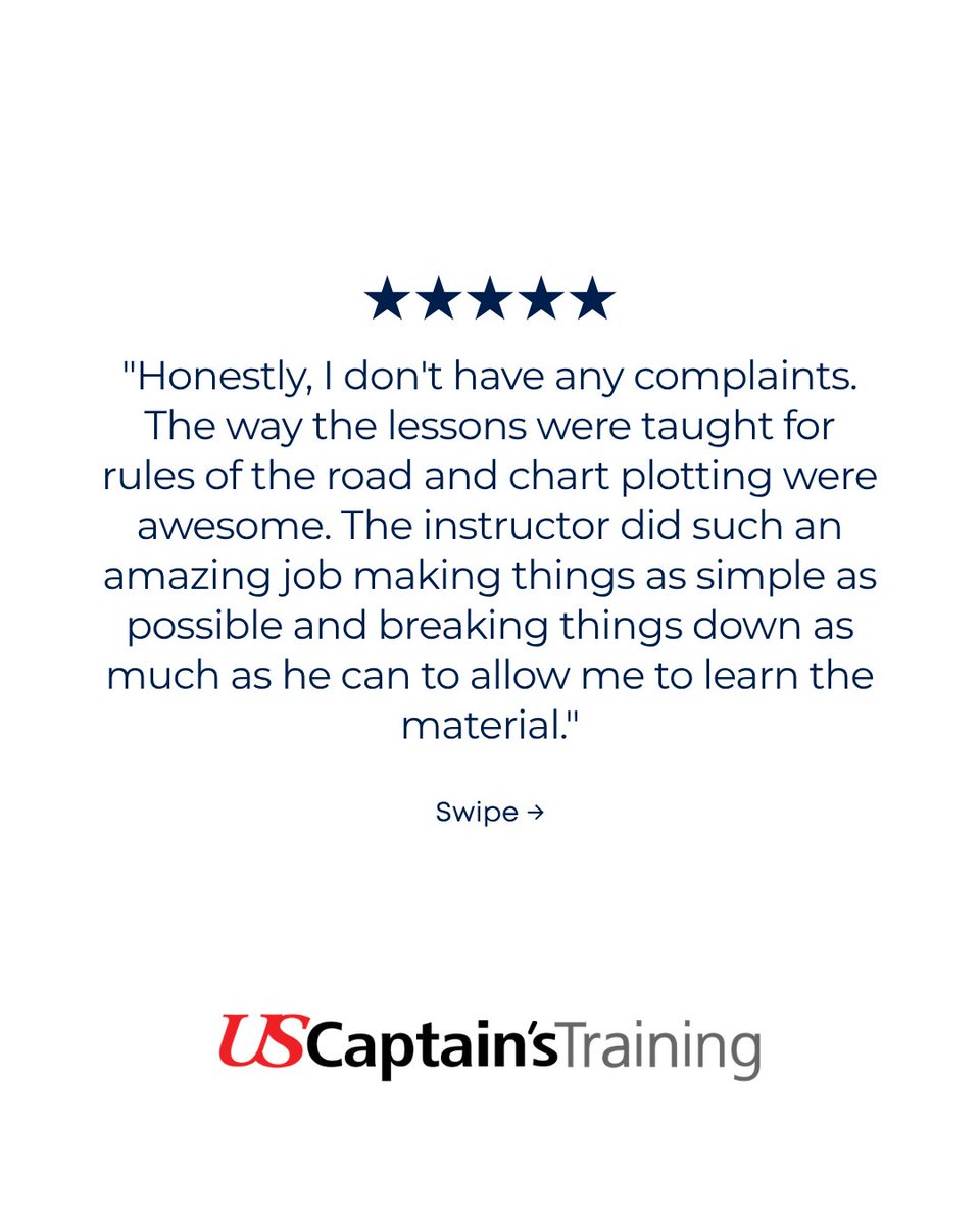 UsCaptains38562's tweet photo. "I truly learned the material vs learning an exam." ⭐⭐⭐⭐⭐ Swipe to read the full review.
Ready to get your captain's license? Start here: https://t.co/pvjW5ZENQp
#CaptainsLicense #OUPV #SixPackLicense #USCG #Testimonial #USCaptainsTraining https://t.co/BL70hYKX8J