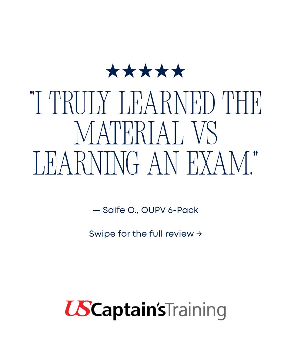 UsCaptains38562's tweet photo. "I truly learned the material vs learning an exam." ⭐⭐⭐⭐⭐ Swipe to read the full review.
Ready to get your captain's license? Start here: https://t.co/pvjW5ZENQp
#CaptainsLicense #OUPV #SixPackLicense #USCG #Testimonial #USCaptainsTraining https://t.co/BL70hYKX8J