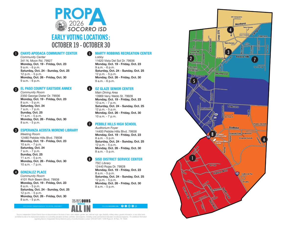 SocorroISD's tweet photo. Early Voting is underway for Socorro ISD! Registered voters can vote early at eight locations across the district through October 30.  

📍 Chayo Apodaca Community Center 341 N. Moon Rd. 

📍 El Paso County Eastside Annex 2350 George Dieter Dr. 

📍 Esperanza Acosta Moreno Library 12480 Pebble Hills Blvd. 

📍 Gonzalez Place 4101 Rich Beem Blvd. 

📍 Marty Robbins Recreation Center 11620 Vista Del Sol Dr. 

📍 Oz Glaze Senior Center 13969 Veny Webb St. 

📍 Pebble Hills High School 14400 Pebble Hills Blvd. 

📍 SISD District Service Center 12440 Rojas Dr.  

Find additional election information at https://t.co/d7S22HMVYL