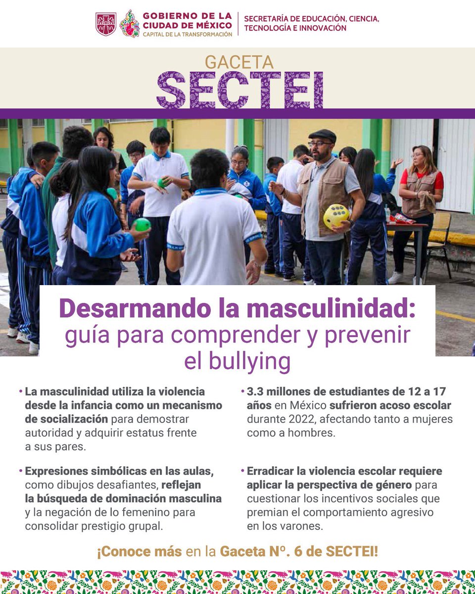 SECTEI_CDMX's tweet photo. ¿Cómo influye la masculinidad tradicional en el acoso escolar? 🏫📊 Abordar el bullying exige revisar la perspectiva de género y los roles que perpetúan este problema. 🕊️ ¡Conoce el análisis en la #GacetaSECTEI📄!

👉 https://t.co/zTQquDNPmL

#CapitalDeLaTransformación https://t.co/63yIUPucCK