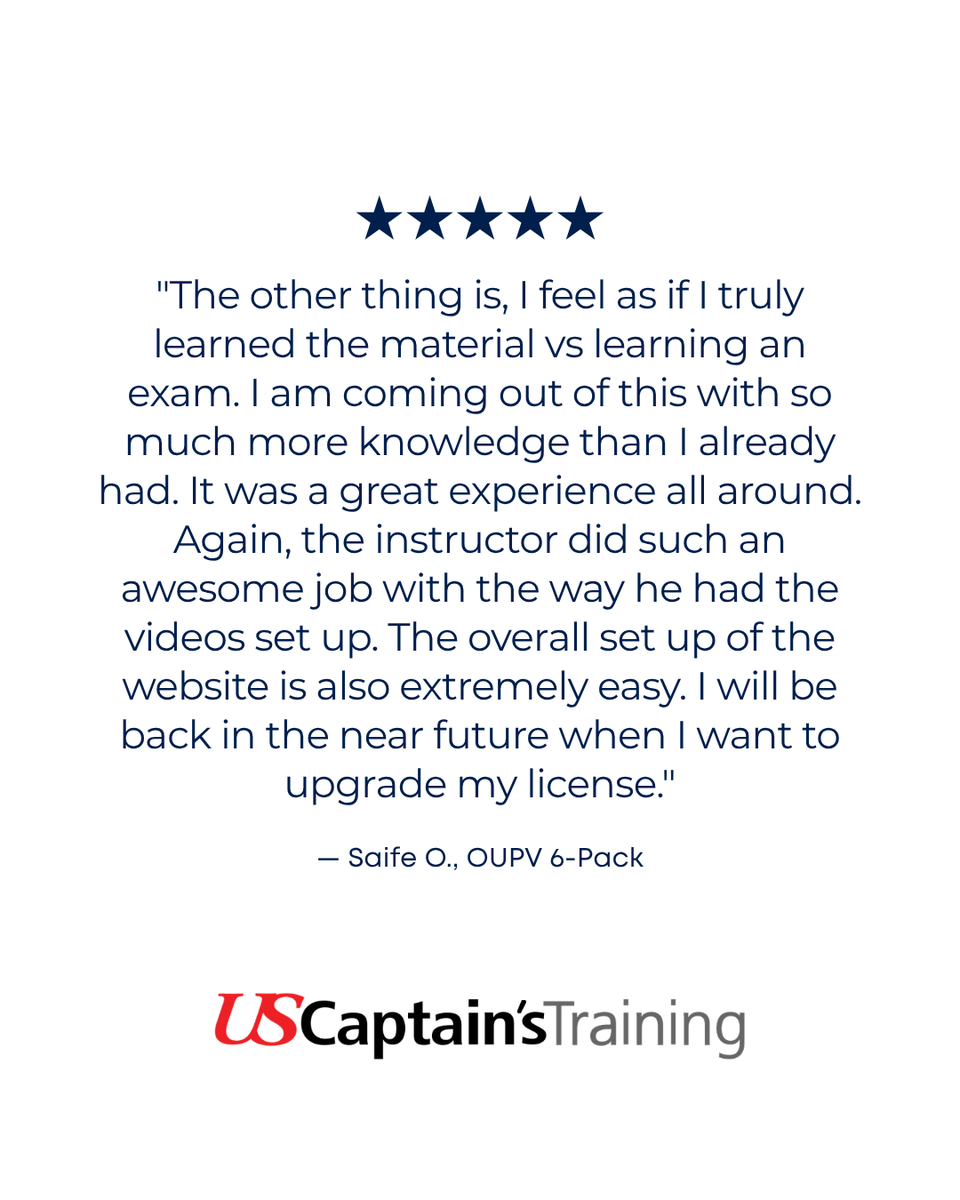 UsCaptains38562's tweet photo. "I truly learned the material vs learning an exam." ⭐⭐⭐⭐⭐ Swipe to read the full review.
Ready to get your captain's license? Start here: https://t.co/pvjW5ZENQp
#CaptainsLicense #OUPV #SixPackLicense #USCG #Testimonial #USCaptainsTraining https://t.co/BL70hYKX8J