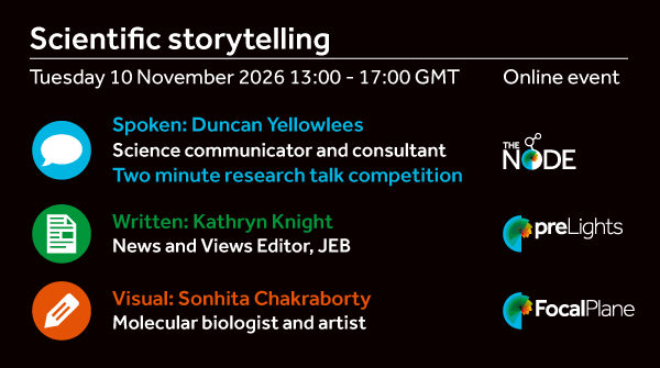 J_Exp_Biol's tweet photo. Want to learn how to tell your scientific story?

The @Co_Biologists community sites @focalplane_jcs  @preLights @the_Node are organising an online workshop 10 November 13:00-17:00 GMT to help you tell your story to your peers and the public

Register now! https://t.co/NCY7GEB2mX https://t.co/Sg4TxWHZXR