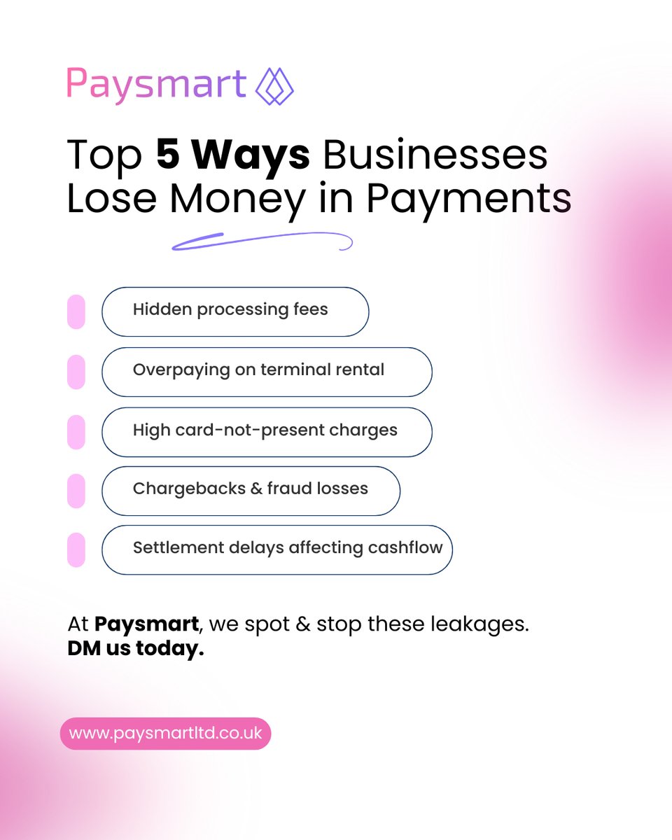 Paysmartltd's tweet photo. TOP 5 WAYS BUSINESSES LOSE MONEY ON PAYMENTS
We help businesses identify potential payment cost leakages and find smarter ways to manage them.
π https://t.co/0p7OEjmKBb
====================
#PaymentProcessing #Fintech #BusinessFinance #PaymentSolutions #MerchantServices https://t.co/CG1YhvHwA6