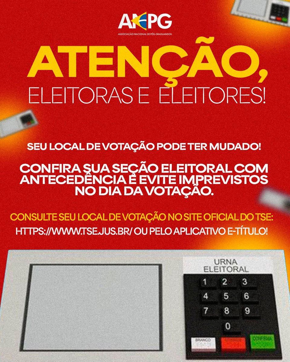 anpg's tweet photo. 🗳️ ATENÇÃO, ELEITORAS E ELEITORES!

O segundo turno das Eleições 2026 está chegando! Antes de sair de casa, confira se seu local de votação mudou e verifique seu endereço, zona e seção eleitoral com antecedência.

📲 Consulte diretamente no site oficial do TSE:
https://t.co/sBMBbOPgJl ou pelo aplicativo e-Título

Compartilhe este aviso com amigos, familiares e colegas da pós-graduação. Não deixe para a última hora!

#ANPG #Eleições2026 #DireitoAoVoto