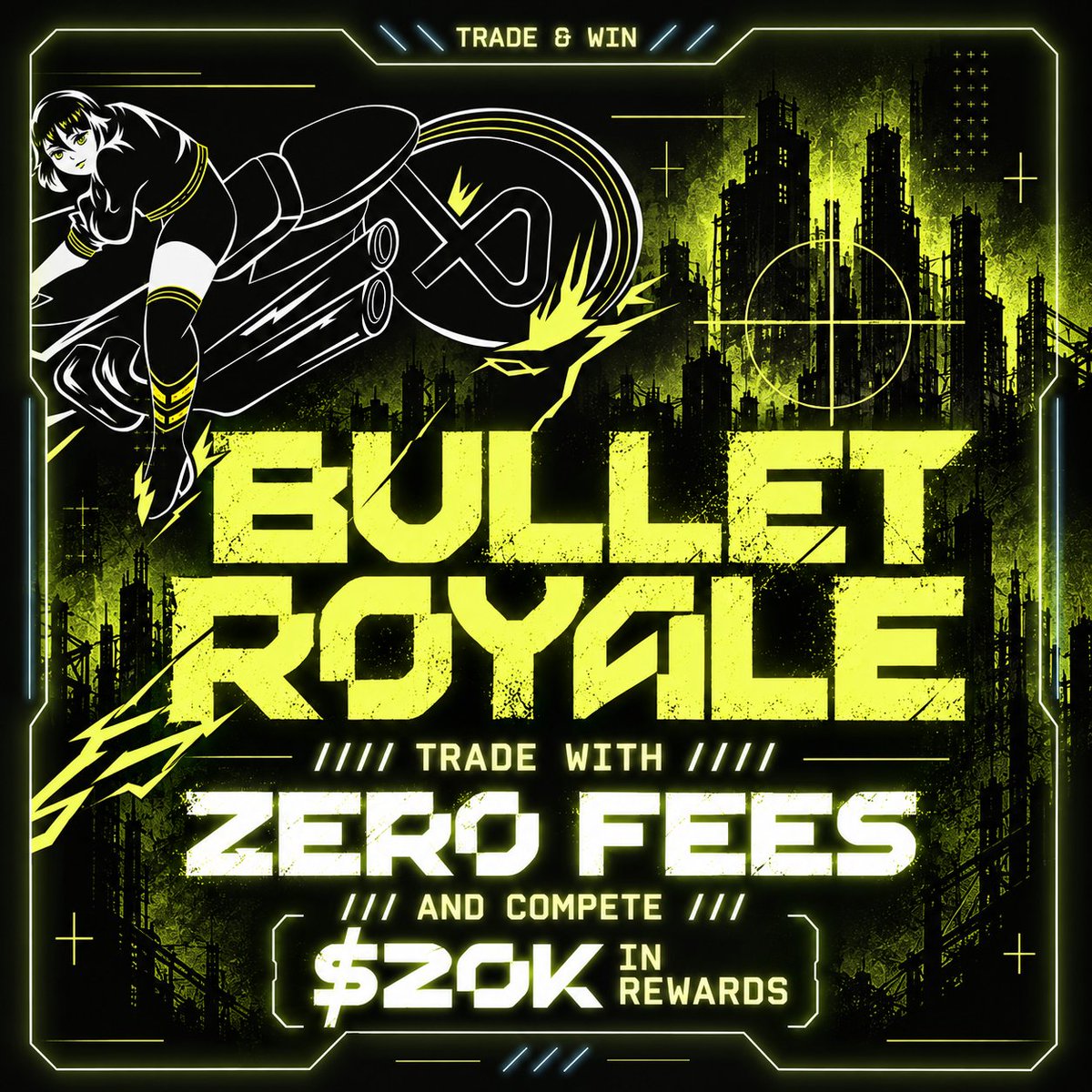 Bulletxyz's tweet photo. You ready to compete? BULLET ROYALE drops tomorrow with ZERO Trading Fees.

No trading fees means more of every winning trade stays yours. The trader with the highest PNL takes the top prize, with rewards for the top 20 traders. 

Trade hard. Pay zero fees. Keep the upside. https://t.co/NRvGNT2eee
