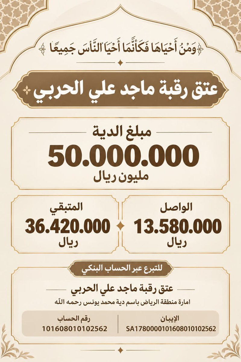 pouty368253's tweet photo. #عتق_رقبة_ماجد_الحربي 

من منطلق ( ولا تحقرن من المعروف شيئا ) 
( والدال على الخير كفاعلة ) .

#عتق_رقبة_ماجد_الحربي 

إمارة منطقة الرياض بأسم دية محمد يونس
رحمه الله 

الراجحي
101608010102562
الايبان
SA1780000101608010102562 https://t.co/SGVaW27j8g