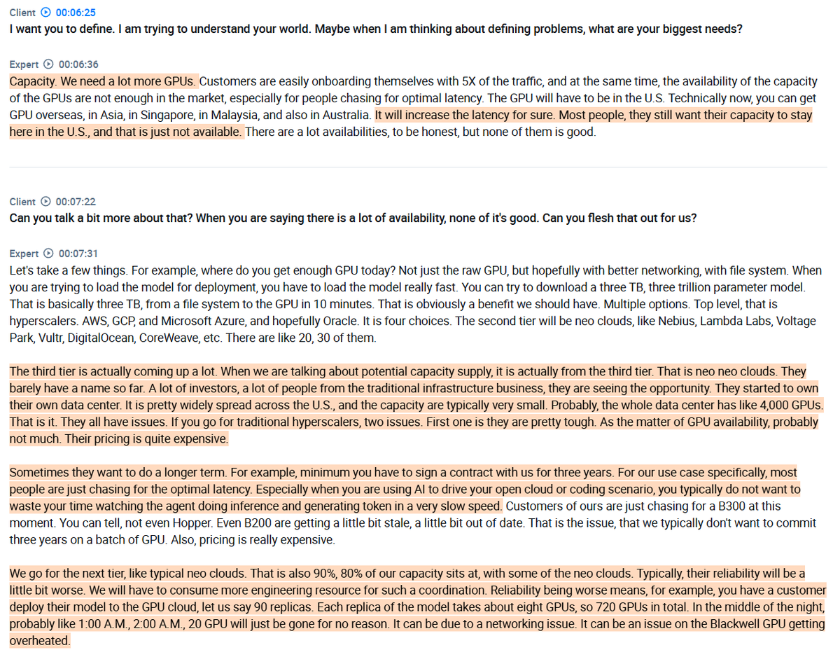Transcript excerpt with highlighted passages about needing more GPUs, latency limits on overseas capacity, and the reliability of hyperscalers, neoclouds and smaller operators