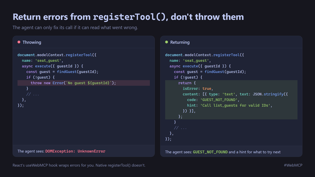 andreban's tweet photo. ⚠️ A #WebMCP gotcha worth knowing about: throwing errors inside native registerTool() handlers.

The browser hides your message and the agent only sees "DOMException: UnknownError". Return the error as a result instead, and the agent can fix its own call. https://t.co/oYUhqDGtjw