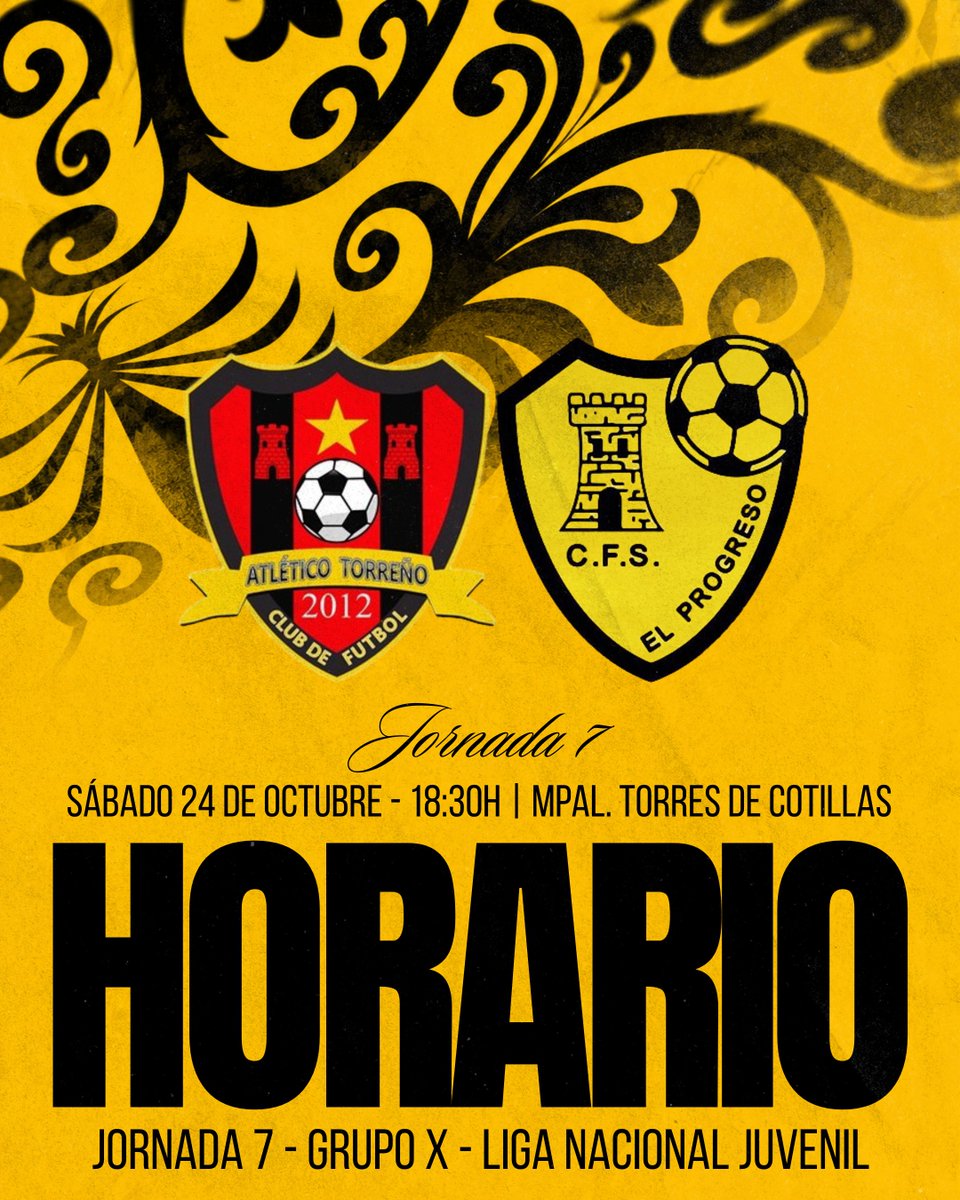 cfprogreso's tweet photo. ¡Vamos con todo, familia! 💛

🆚 @AtleticoTorreno 
🗓️ Sábado 24 de octubre.
⌚️ 18:30h.
📍 Municipal Torres de Cotillas.

#ElFuturoEsNuestro https://t.co/xJ7koa6ZY5