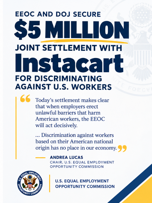andrealucasEEOC's tweet photo. 🚨 $5 MILLION SETTLEMENT: @USEEOC and @theJusticeDept @CivilRights secure major action against @Instacart for allegedly discriminating against American workers.  Thank you to @AAGDhillon for your partnership in achieving this great result for a class of American workers, comprised of affected applicants and deterred applicants to Instacart.

The agencies found evidence that Instacart’s PERM recruitment practices favored temporary visa holders and created unlawful barriers for U.S. and American workers applying for jobs.

Up to $4 million will be available for affected applicants and deterred applicants, with an additional $1 million in civil penalties.