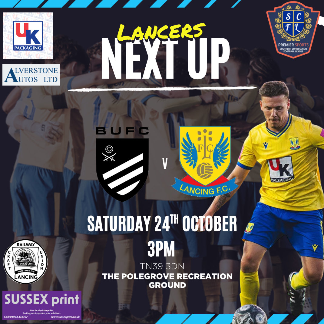 LancingFC's tweet photo. After a cluster of home games, this Saturday we return to away action as we play Bexhill, bring the noise and support the lads 💛💙

🆚 Bexhill United
🏟️ The Polegrove Recreation Ground, TN39 3DN
🕒 3PM https://t.co/2Eq3KsXPpl