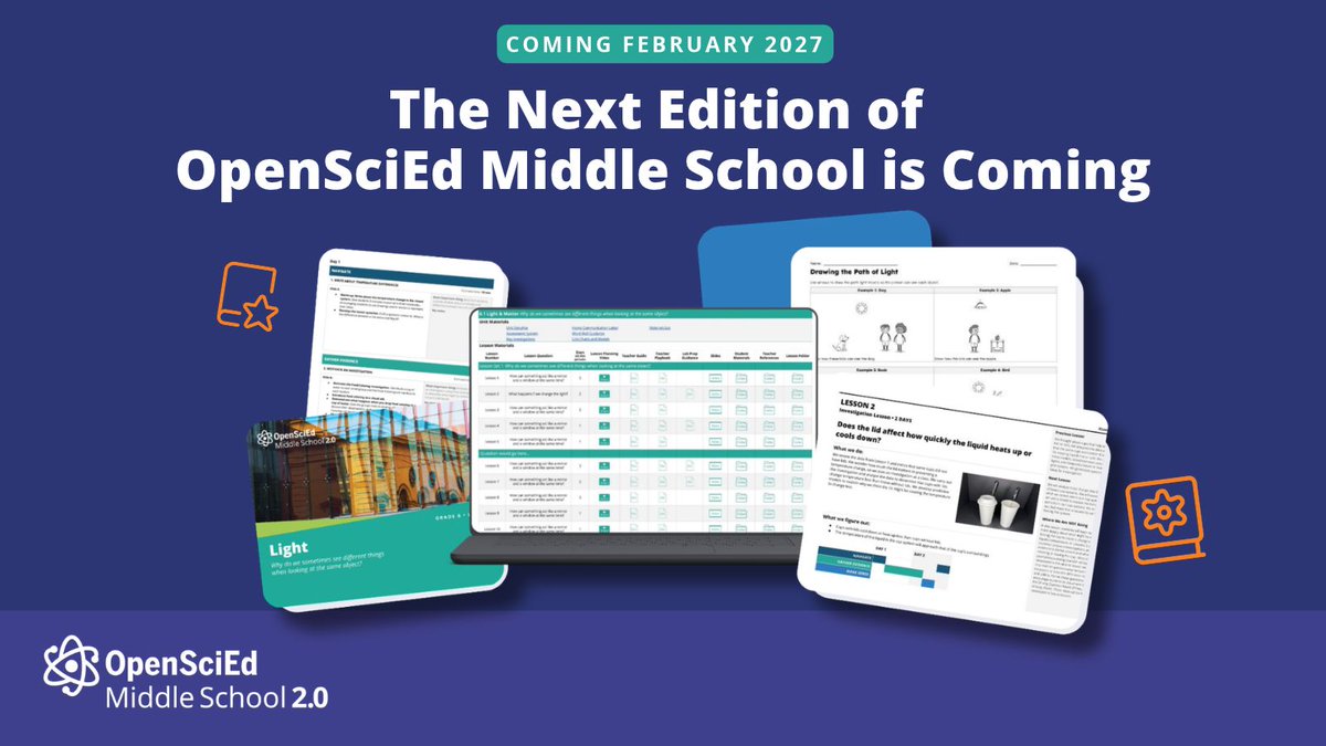 OpenSciEd's tweet photo. Big news for our middle school science community! #OpenSciEd Middle School 2.0 is coming in February 2027! 🤩🚀

Over the past five years, you've told us what's working, what's challenging, and what could make the materials easier to use. We've taken that feedback to heart. ❤️

Middle School 2.0 includes more manageable pacing, an updated Teacher Edition, built-in professional learning supports, and revisions across every unit. And the best part? The student-driven science learning you know and love is still at the center of it all.

We're excited to share more with you in the months ahead!

👀 Take a look at what's coming and sign up for updates: https://t.co/tSYXibeDrr