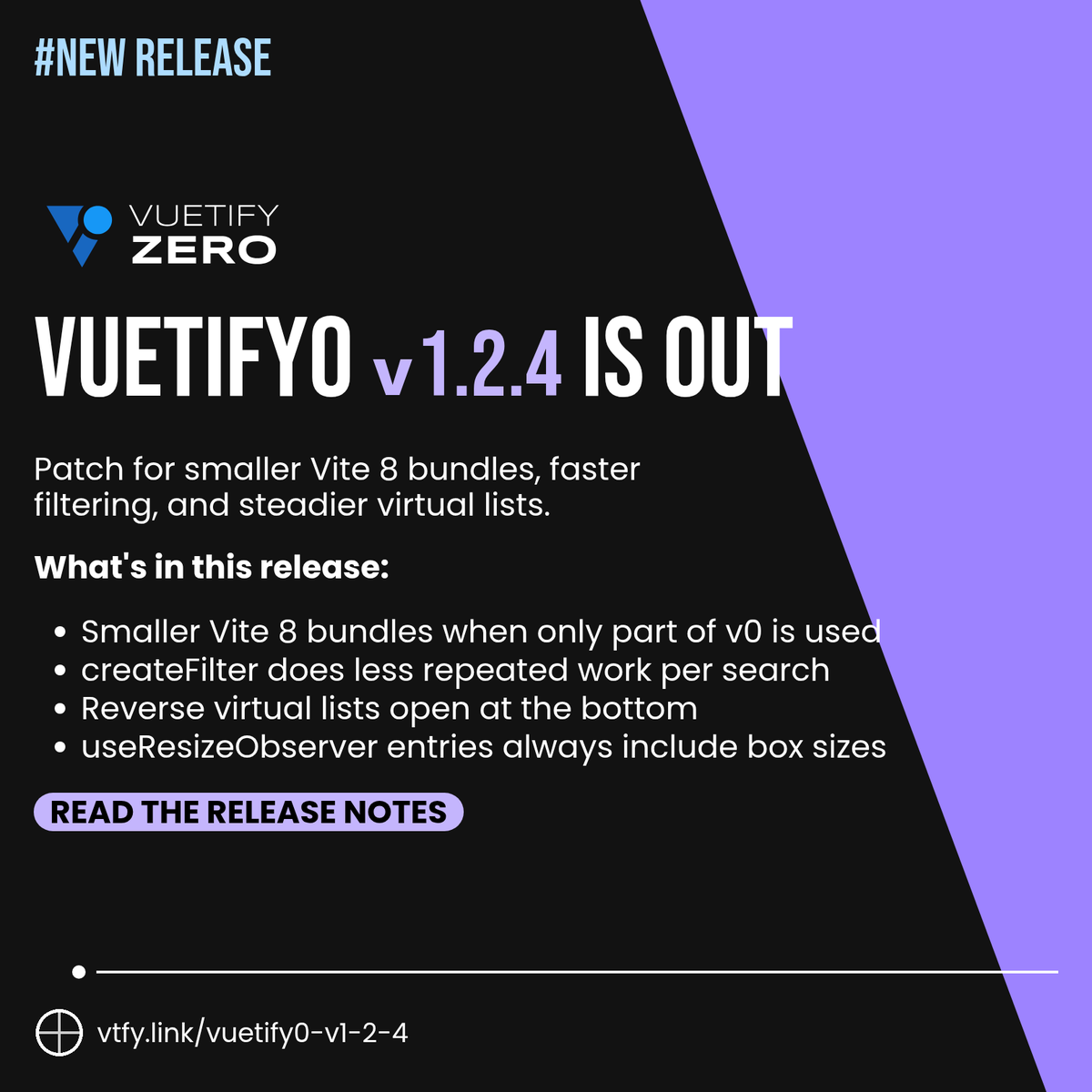 vuetifyjs's tweet photo. Vuetify0 v1.2.4 is out.

Smaller Vite 8 bundles when only part of v0 is used, less repeated work in createFilter, and reverse virtual lists that open at the bottom.

https://t.co/iovLOhdyko https://t.co/9Brm6mbN7O