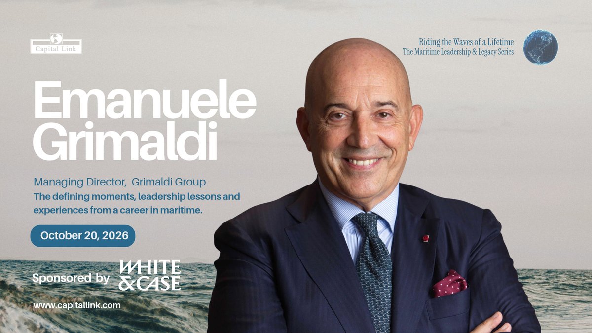 CapitalLink's tweet photo. From a family shipping business to a global maritime group. ⚓️

Emanuele Grimaldi, Managing Director of Grimaldi Group, joins Capital Link’s Riding the Waves of a Lifetime to discuss family business leadership, strategic growth, innovation, and the future of shipping.

Tuesday, October 20, 2026
📽️ Watch now: https://t.co/cRjrkl14PQ

🚢 A series by Capital Link featuring 16 Maritime Leaders
Exclusive Season Sponsor: @WhiteCase 

Every Tuesday and Thursday 📌 
#Leadership #EmaneueleGrimaldi #Legacy #Careers #Journey #RidingTheWavesOfALifetime #CapitalLink #Shipping #Maritime