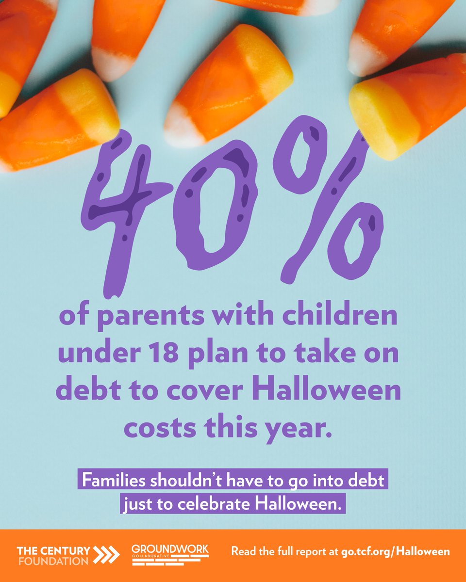 TCFdotorg's tweet photo. 👻 The scariest thing about Halloween this year might be the price of candy. 

Our new report w/ @Groundwork shows candy prices are up 15.3%, 4x faster than overall inflation, and 40% of parents with kids under 18 plan to take on debt for Halloween costs: https://t.co/CRXOEKmT6T https://t.co/UUPiCGsk0Q