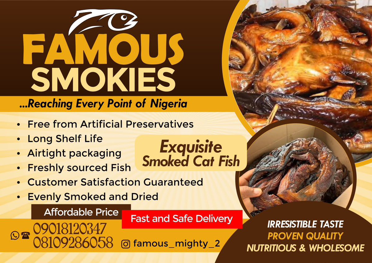 DEEFAMOUS01's tweet photo. Famous Smokie's premium smoked catfish is READY and it's available NOW

📍 Tanke Oke odo, Ilorin, Kwara State
🚌 Nationwide delivery available! 🇳🇬

⏰ Orders open NOW so don't be left out!

📲 Place your order now: https://t.co/CvhWvX9Idq https://t.co/BelcFnuuti