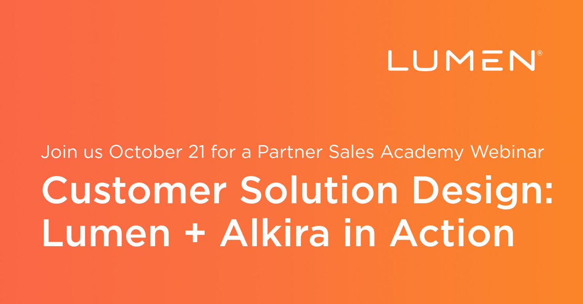 LumenCPP's tweet photo. Turn multi-cloud complexity into opportunity. Join us Oct 21 for @LumenTechCo Partner Sales Academy Webinar &amp; learn how Lumen + Alkira can help design &amp; position smarter multi-cloud networking solutions for better customer outcomes. Contact your Lumen Channel Manager to register. https://t.co/V7U7srugeT