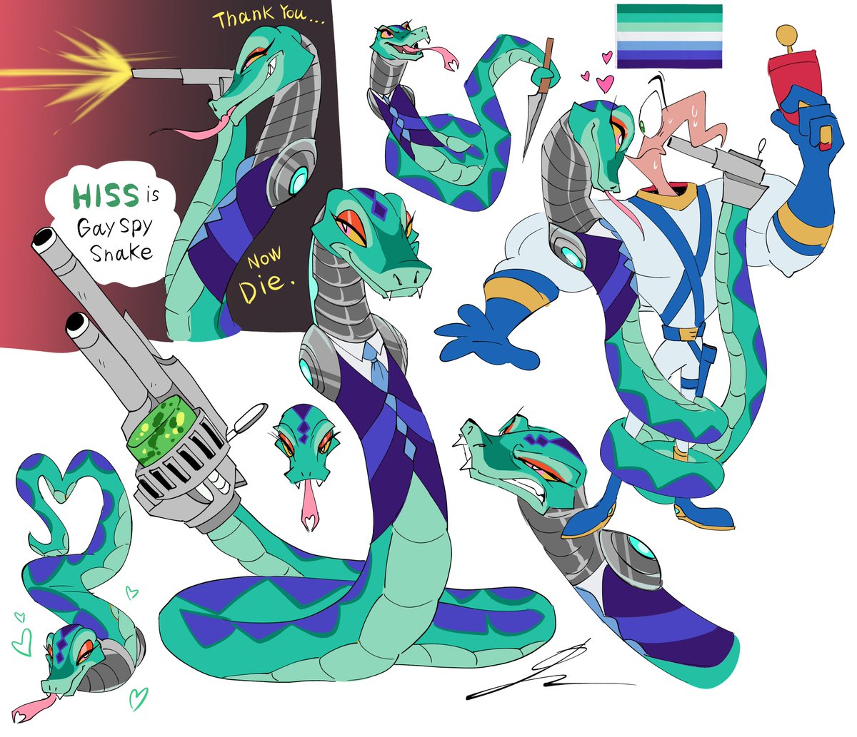 crimmy_10's tweet photo. My new 2nd EWJ villain OC, “HISS”!
He's an evil, ruthless spy and a GAY Snake!🔫🐍🤍💚🩵💙

He's scary...but he's a romantic and falls in love easily. He really loves Jim!😳🪱
And I based his color palette on the "Vincian Pride Flag" https://t.co/oEAlN0eZfv