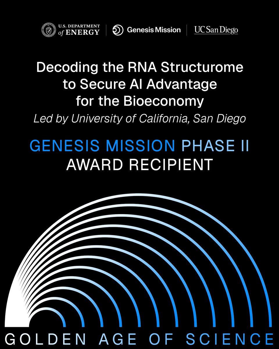 ScienceUnderSec's tweet photo. What if SI could help us better understand &amp; design biology?

Two new Genesis Mission Phase II projects explore that potential: @UW Seattle will develop SI tools to design functional enzymes, and @UCSanDiego will expand RNA data to help engineer resilient crops and microbes. https://t.co/CHQ7CaU6GJ