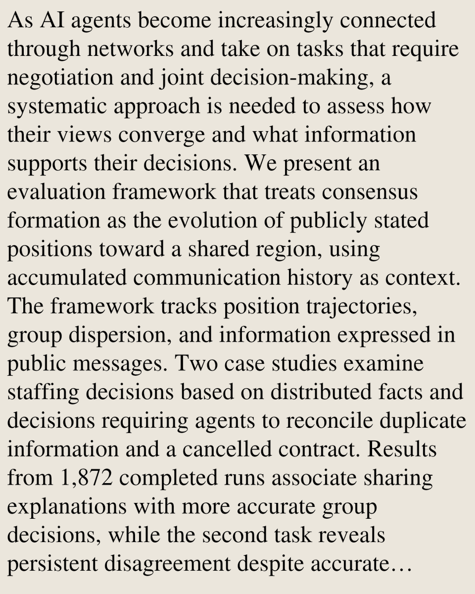 PIN's tweet photo. Measuring Consensus in AI Agent Networks

Jin Gao
https://t.co/tId4qaZ5F7 [𝚌𝚜.𝙼𝙰]
💬Accepted at the NANDA Workshop, IEEE TPS-ISA 2026 https://t.co/K3Kaog5ffS