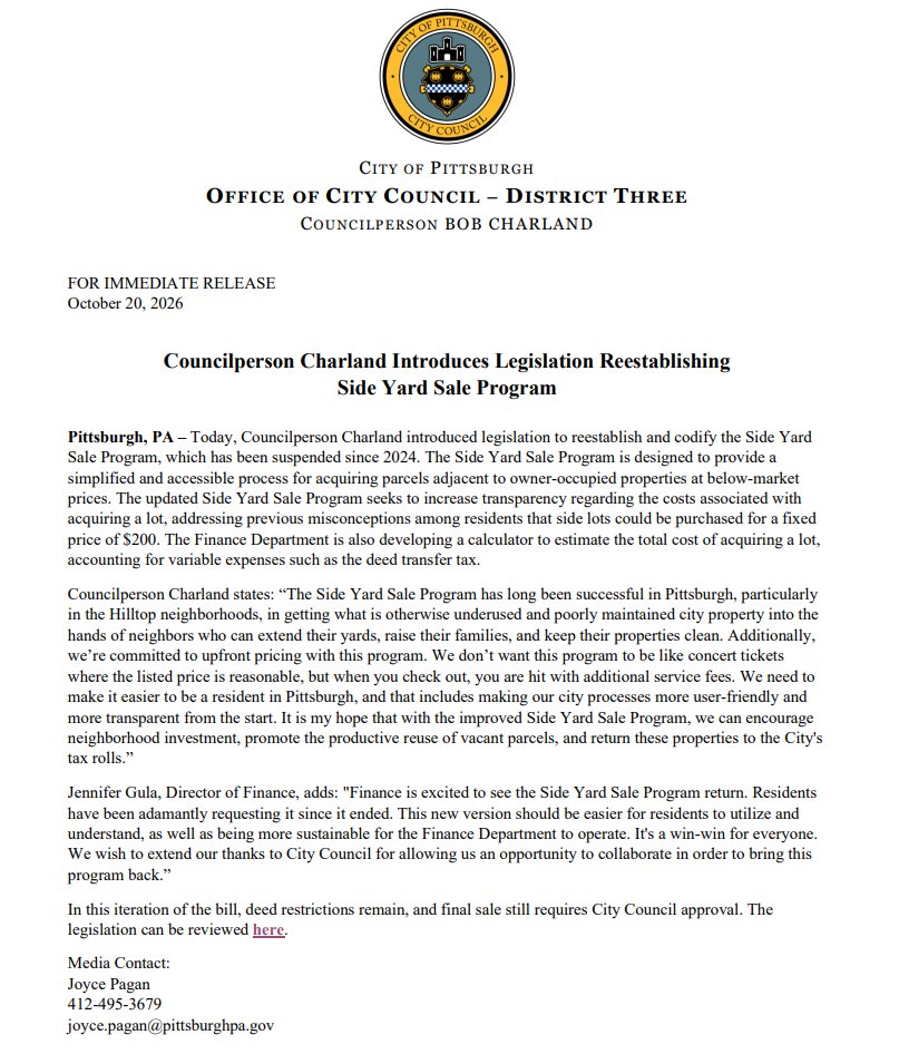 PGHDistrict3's tweet photo. Today, Councilperson Charland Introduced Legislation Reestablishing the Side Yard Sale Program in Pittsburgh. Read more details in the full Press Release attached, and view the complete legislation online:

https://t.co/l9WkH7AQz7 https://t.co/vlJygkUb33