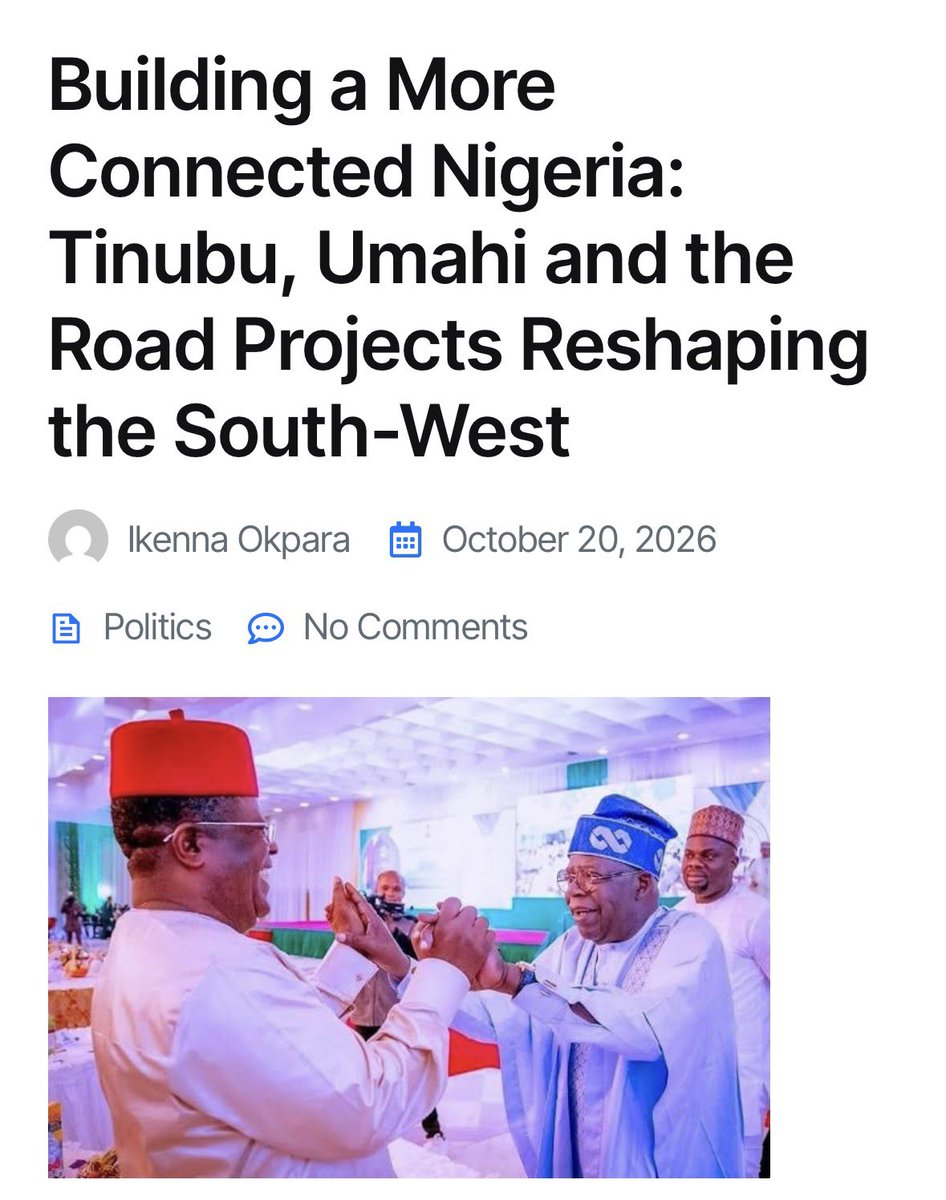 salawueedris1's tweet photo. “At the centre of the programme is the Minister of Works, Engr. David Umahi, who oversees the Federal Government’s highway development and rehabilitation efforts. For the South-West, a region whose economy depends heavily on the movement of people, agricultural produce, manufactured goods and commercial services, the implications of these projects are particularly significant.”
https://t.co/ySlHrAak0l