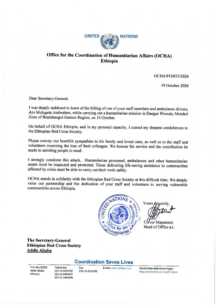 EthioRedCross's tweet photo. UN OCHA Ethiopia Expresses Condolences Over the Killing of ERCS Ambulance Driver

https://t.co/0O7R6w9Zoy

We Live for Humanity!
@OCHA_Ethiopia https://t.co/rYEG59vjXi