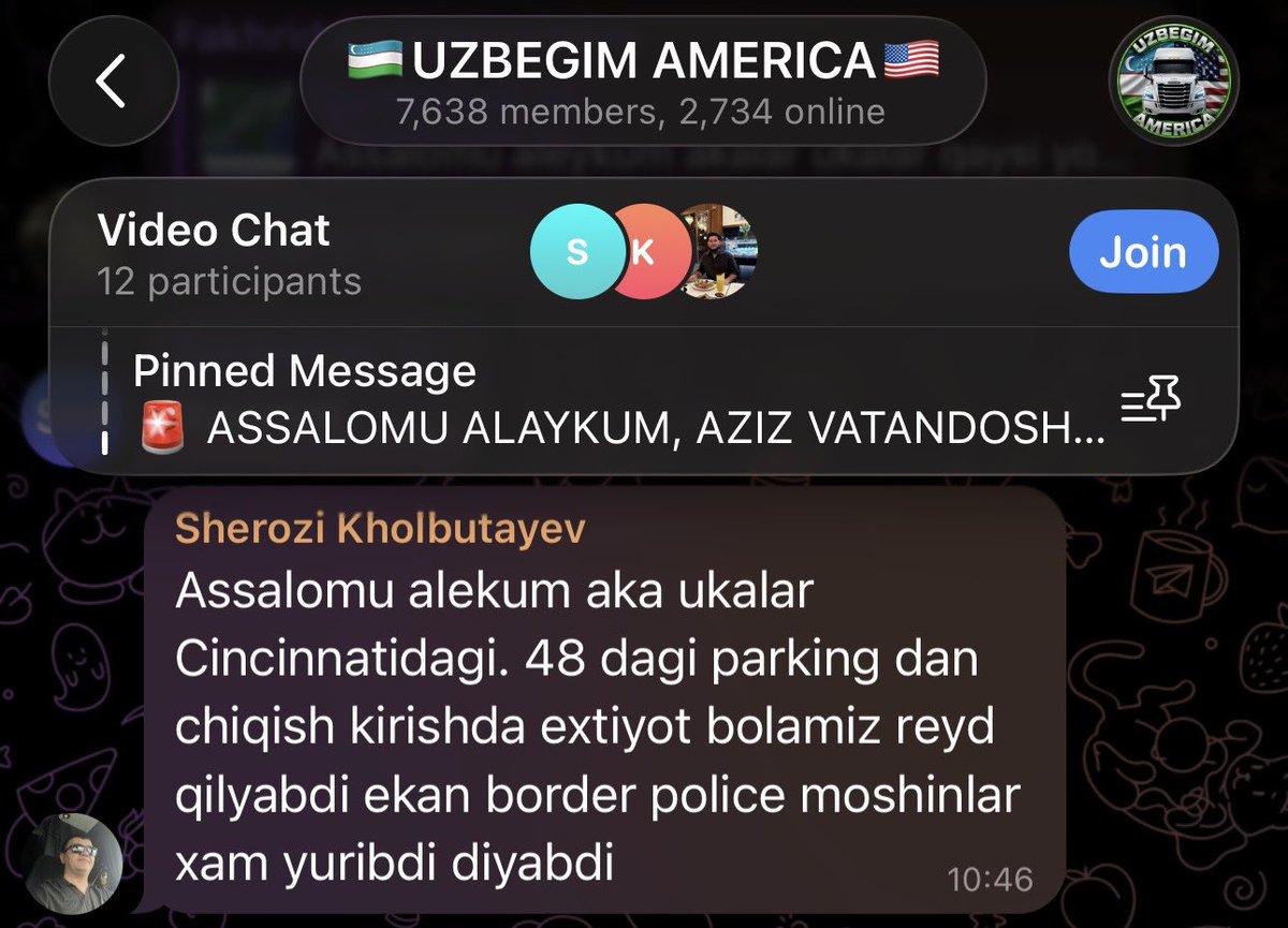 NODAWOLF's tweet photo. 🚨🚨🚨
UZBEK TELEGRAM CHANNEL CLAIMS ICE RAIDS AT TRUCKBASE INC IN MAINEVILLE, OHIO

Sherozi Kholbutayev:
“Assalomu alekum, brothers and sisters.
In Cincinnati, at the parking on Route 48 — when entering and exiting, let’s be careful. They’re doing raids, and border police vehicles are also driving around, according to what people are saying.”

@GHOSTOPSUZ @GordMagill @supertrucker @maybedanielleee