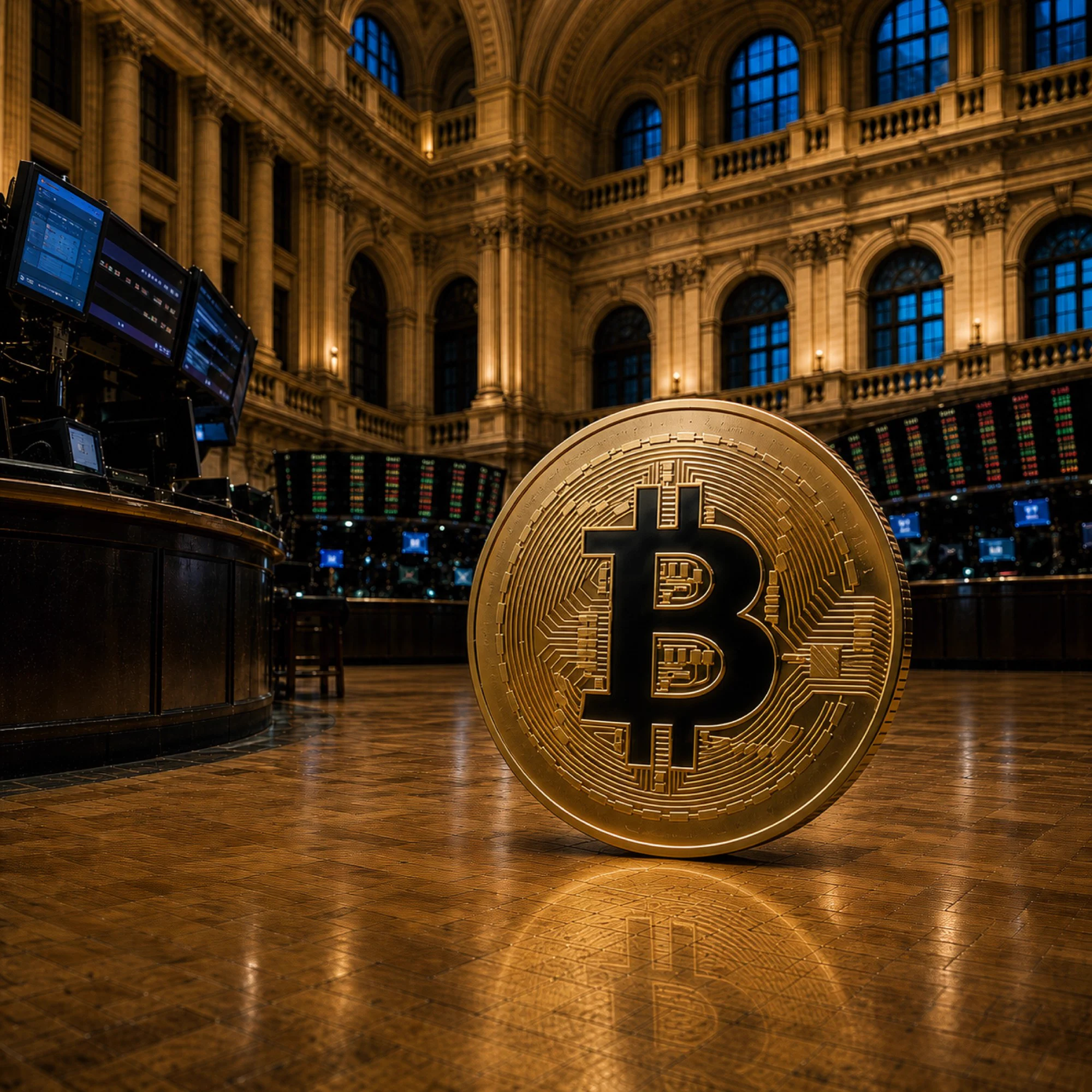 A large Bitcoin symbol is framed within an ornate, classical-style stock exchange with arched windows and multiple computer screens displaying financial data.