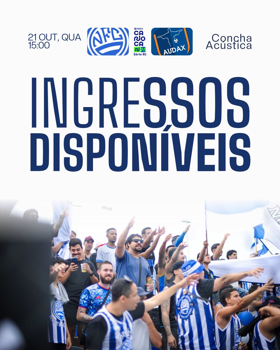 niteroiensefc's tweet photo. 🎟️ INGRESSOS À VENDA!

Já estão disponíveis os ingressos para Niteroiense x Audax, nesta quarta-feira (21), às 15h, na Concha Acústica, pela oitava rodada do Carioca Série B1.

Garanta o seu e venha apoiar o time da nossa cidade! 🛫💙🤍

🔗 https://t.co/oZL7Zha1NI https://t.co/Gq5EAgxn1b