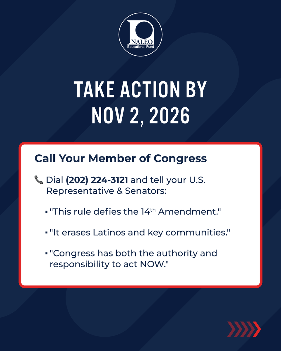 NALEO's tweet photo. Take action by November 2, 2026:

1️⃣ Submit a public comment on https://t.co/503EuVee5c using our Sample Letter https://t.co/JEXn6DTnh0.  
2️⃣ Call Congress at (202) 224-3121 &amp; demand they act.
3️⃣ Repost to mobilize your network! https://t.co/AWT2Jv8RoW