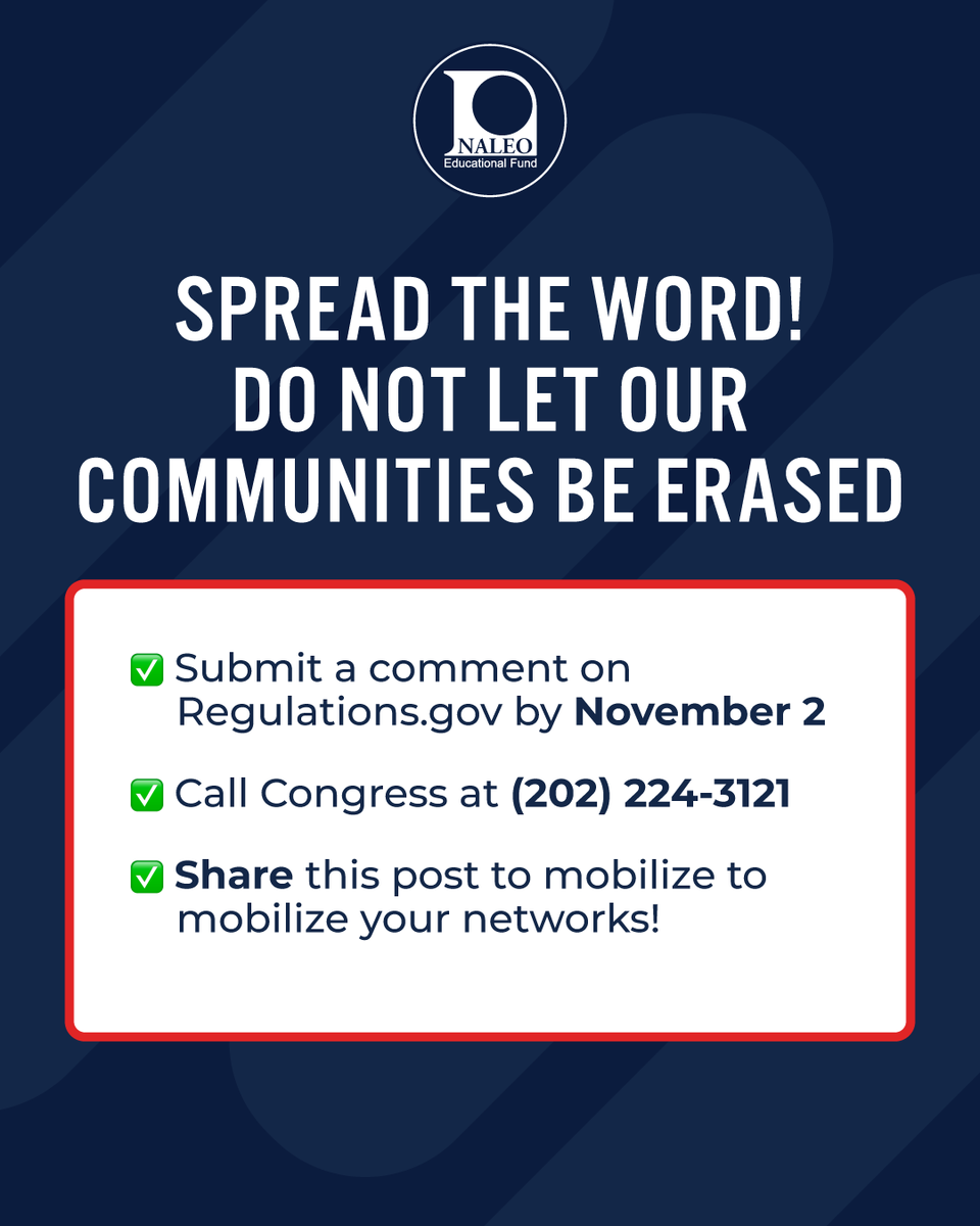 NALEO's tweet photo. Take action by November 2, 2026:

1️⃣ Submit a public comment on https://t.co/503EuVee5c using our Sample Letter https://t.co/JEXn6DTnh0.  
2️⃣ Call Congress at (202) 224-3121 &amp; demand they act.
3️⃣ Repost to mobilize your network! https://t.co/AWT2Jv8RoW