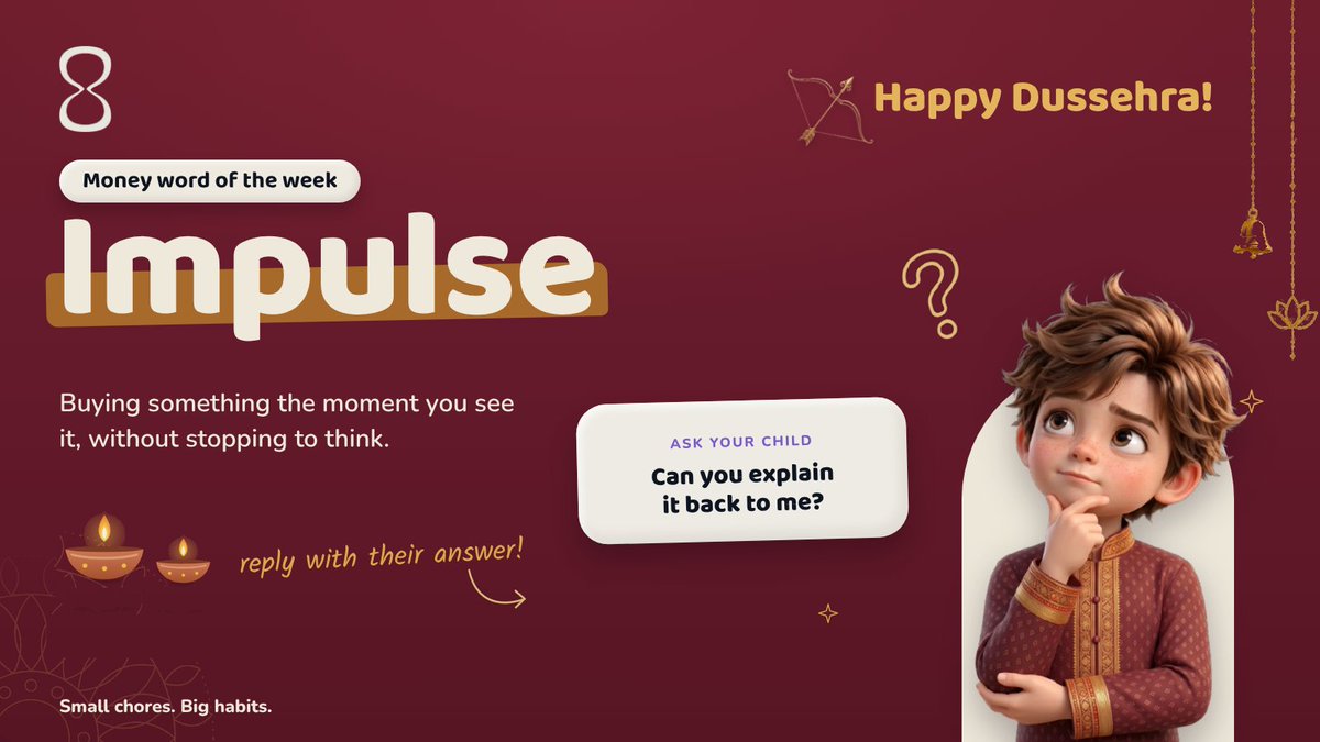rpenny_world's tweet photo. Money word: Impulse 💭 

Buying the moment you see it, without stopping to think. 

Bachchon se poocho: can they explain it back? 

Reply with their answer 👇 
Save for your next pocket-money talk.
#Dussehra #MoneyHabits #Finance #Parentingtips #kids https://t.co/TpuYBbzcBn