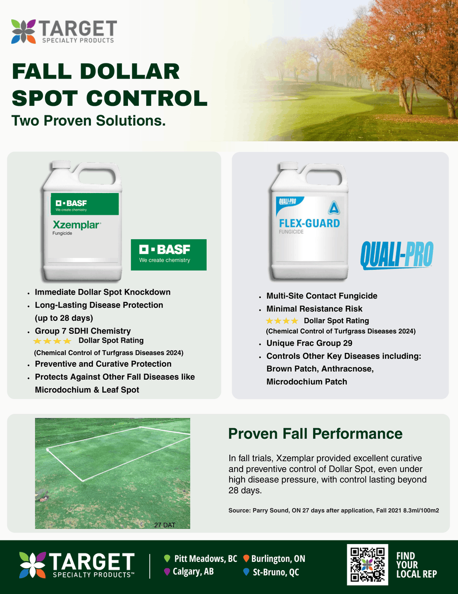 TargetSpecCan's tweet photo. Facing dollar spot, brown patch, or microdochium patch this autumn?
Get total disease protection with Target Specialty Products' top fall lineup:
🔹 Xzemplar®: Immediate knockdown
🔹 FLEX-GUARD®: Multi-site contact fungicide with minimal resistance risk https://t.co/kw5gl3ghxs