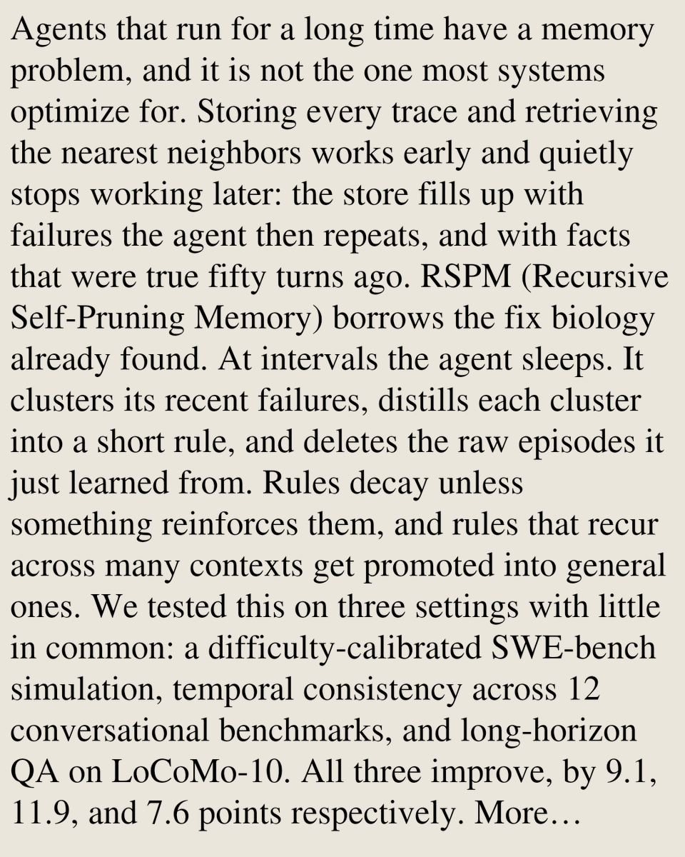 TAL's tweet photo. Let Them Sleep: Recursive Self-Pruning Memory for Long-Horizon LLM Agents

Kargi Chauhan, Sadiba Nusrat Nur, Pratibha Revankar, Kyle Montgomery, Chenguang Wang
https://t.co/wKAVEWAM2z [𝚌𝚜.𝙽𝙴] https://t.co/T4SMV1dBz7