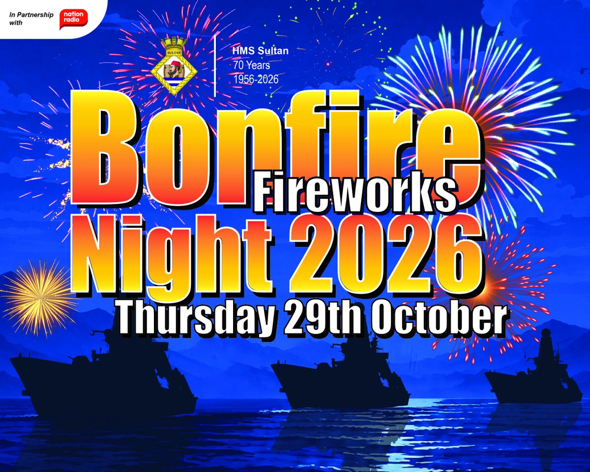 HMSsultan's tweet photo. Early bird tickets end this Sunday! Save on HMS Sultan's 70th anniversary Bonfire &amp; Fireworks Night, Thurs 29 Oct. Family tickets from £20, adult from £7. Standard pricing from Monday. Book now: https://t.co/HKpk50tXjd
#HMSSultan #BonfireNight #Fireworks #Gosport #Hampshire https://t.co/3cfdwgQlFe