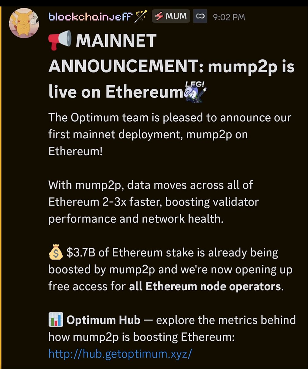 kingoffhere's tweet photo. It's just a start @get_optimum 

Big milestone for Optimum

mump2p is now LIVE on Ethereum Mainnet

This is a huge step toward making Ethereum faster, more efficient, and healthier. With mump2p, data

propagation across Ethereum can become 2–3x faster, improving validator performance and overall network efficiency

Already boosting $3.7B worth of Ethereum stake, mump2p is helping strengthen the infrastructure behind one of the biggest blockchain ecosystems

Time to mum