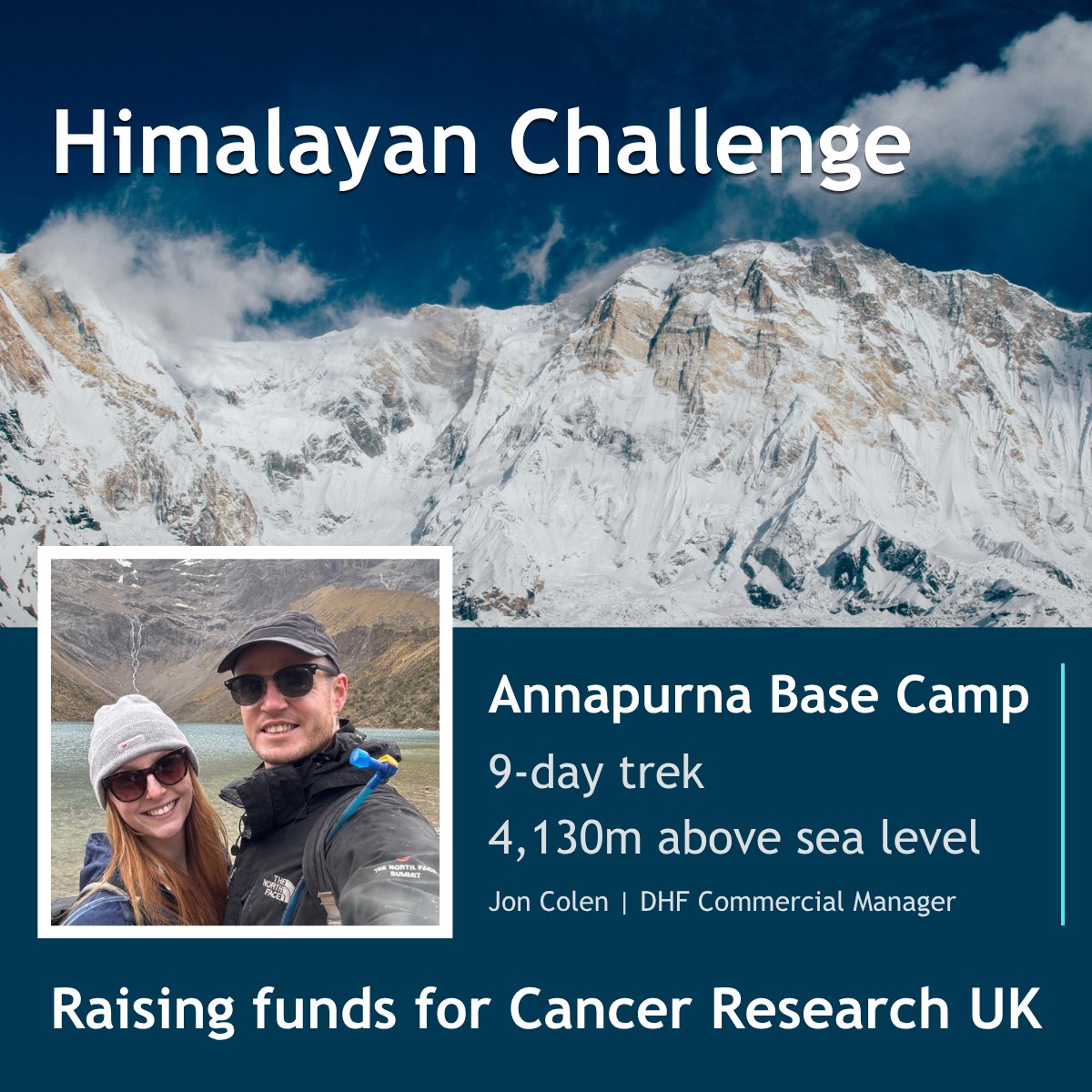DHFOnline's tweet photo. DHF’s Commercial Manager, Jon Colen, and his partner Hayley will be heading to Nepal later this month for a 9-day trek to Annapurna Base Camp, raising money for Cancer Research UK.

Find out more and donate here:
https://t.co/hp8QKPXGe6 https://t.co/RjCXqnU2S7