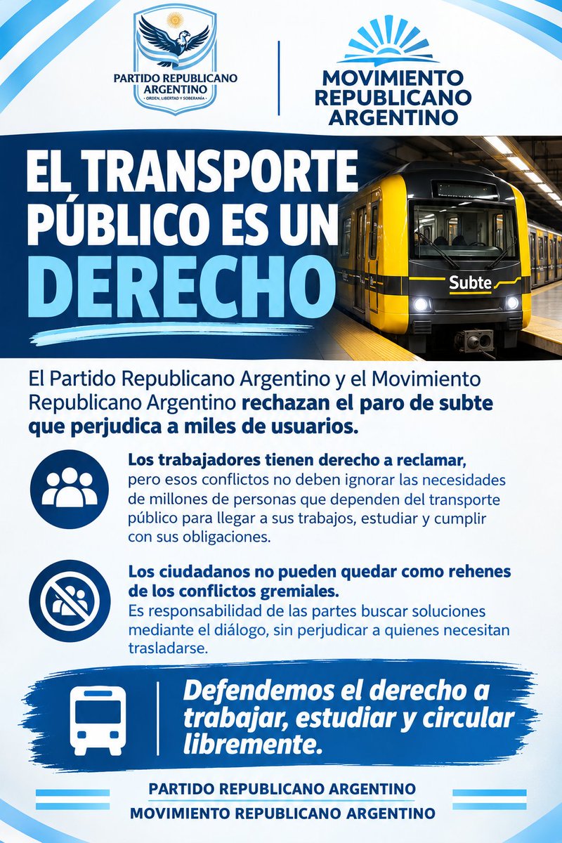 PRArgoficial's tweet photo. 🇦🇷 El transporte público es un derecho. Rechazamos el paro de subte que perjudica a miles de usuarios. Los conflictos gremiales deben resolverse mediante el diálogo, sin dejar de lado a quienes necesitan viajar para trabajar y estudiar.
#TransportePúblico #Argentina https://t.co/R4OBXj0HFQ