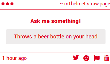 M1_helmet's tweet photo. "Throws a beer bottle on your head" 

OW.okay. thanks for that. I am used tothis. ButIwiill. say. nonamesidea of gluing my helmet. works in my favor. this. time. Ijustwishitwas. detachable. it makes the experience less annoying. https://t.co/jV2PdTQHlf