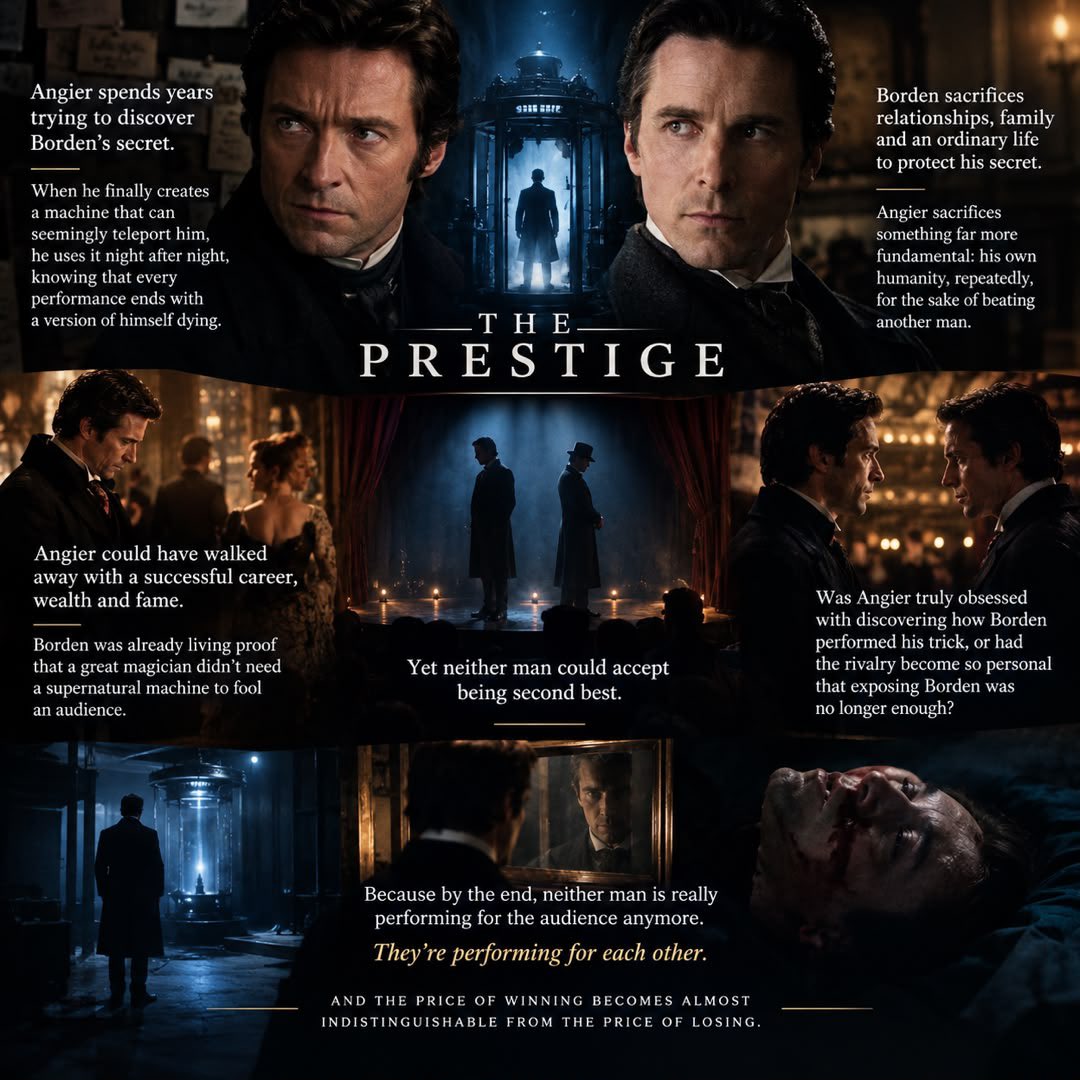 LilyN_1's tweet photo. In The Prestige, Angier spends years trying to discover Borden’s secret.

When he finally creates a machine that can seemingly teleport him, he uses it night after night, knowing that every performance ends with a version of himself dying.

And that’s what makes his obsession so disturbing.

Borden sacrifices relationships, family and an ordinary life to protect his secret. Angier sacrifices something far more fundamental: his own humanity, repeatedly, for the sake of beating another man.

But here’s what I find fascinating….. 🧵