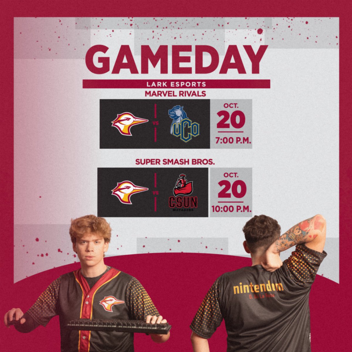 GoLarks's tweet photo. The Lark Marvel Rivals team takes on the University of Central Oklahoma at 7:00 p.m., and the Super Smash Bros. team takes on California State University - Northridge at 10:00 p.m.!

Watch live at: https://t.co/ZUyKzYiDQm https://t.co/i9mdYS7kUb