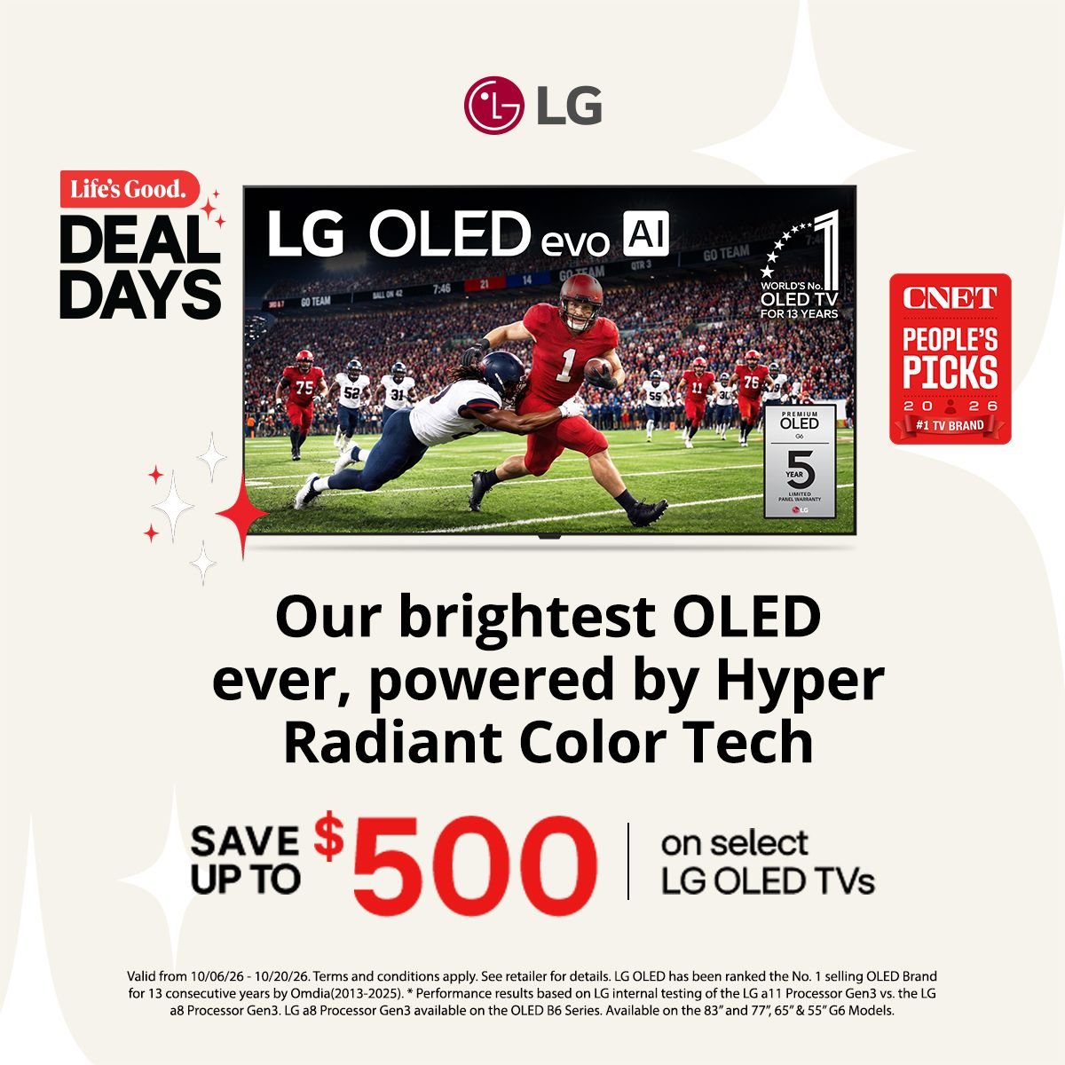BeachCamera's tweet photo. 🏈 Big plays. Bigger savings. Save up to $500 on select LG OLED TVs during LG Deal Days! 📺✨ Ends today, 10/20. Terms apply.

https://t.co/7tupb866P5

#LG #LGOLED #LGDealDays #TVDeals #HomeTheater #GameDay #BeachCamera https://t.co/DP4UtXzWkZ