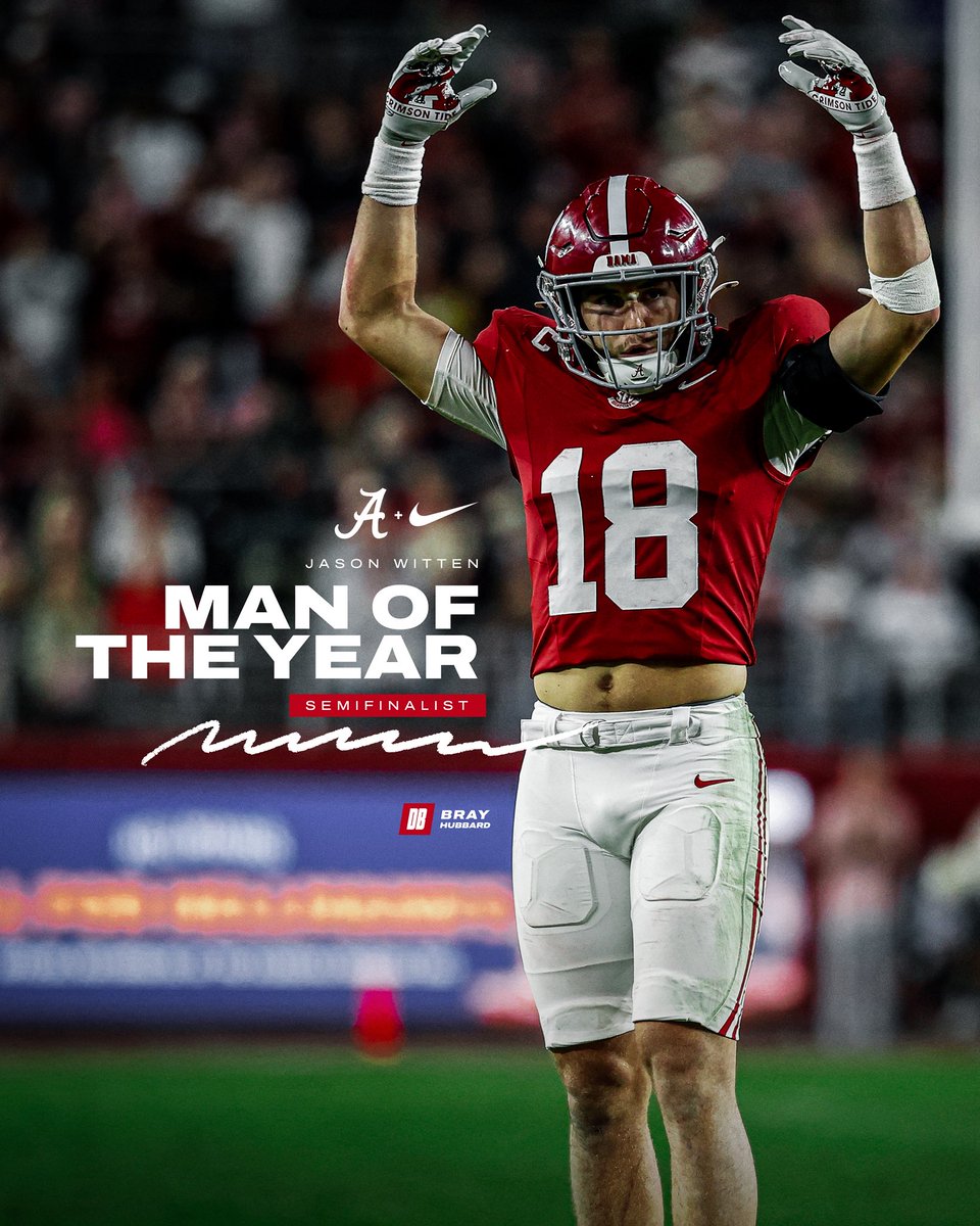 AlabamaFTBL's tweet photo. Man of the Year Semifinalist 💪
@BraysonHubbard @WittenCMOY https://t.co/O1YMIb9yIb