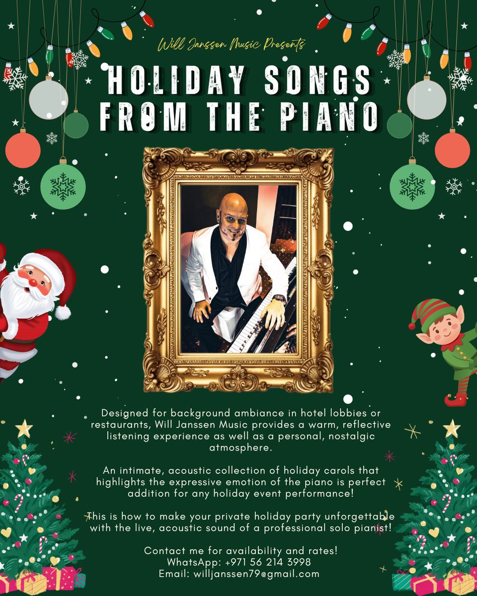 WJanssenMusic's tweet photo. It’s nearly time for HOLIDAY SONGS FROM THE PIANO! I’m currently taking bookings in Dubai and across the UAE for evenings of Christmas carols and traditional festive songs! Kindly message me for rates and availability!
#Dubai #Piano #Christmas #Festive #UAE https://t.co/2LYIq6eK9o