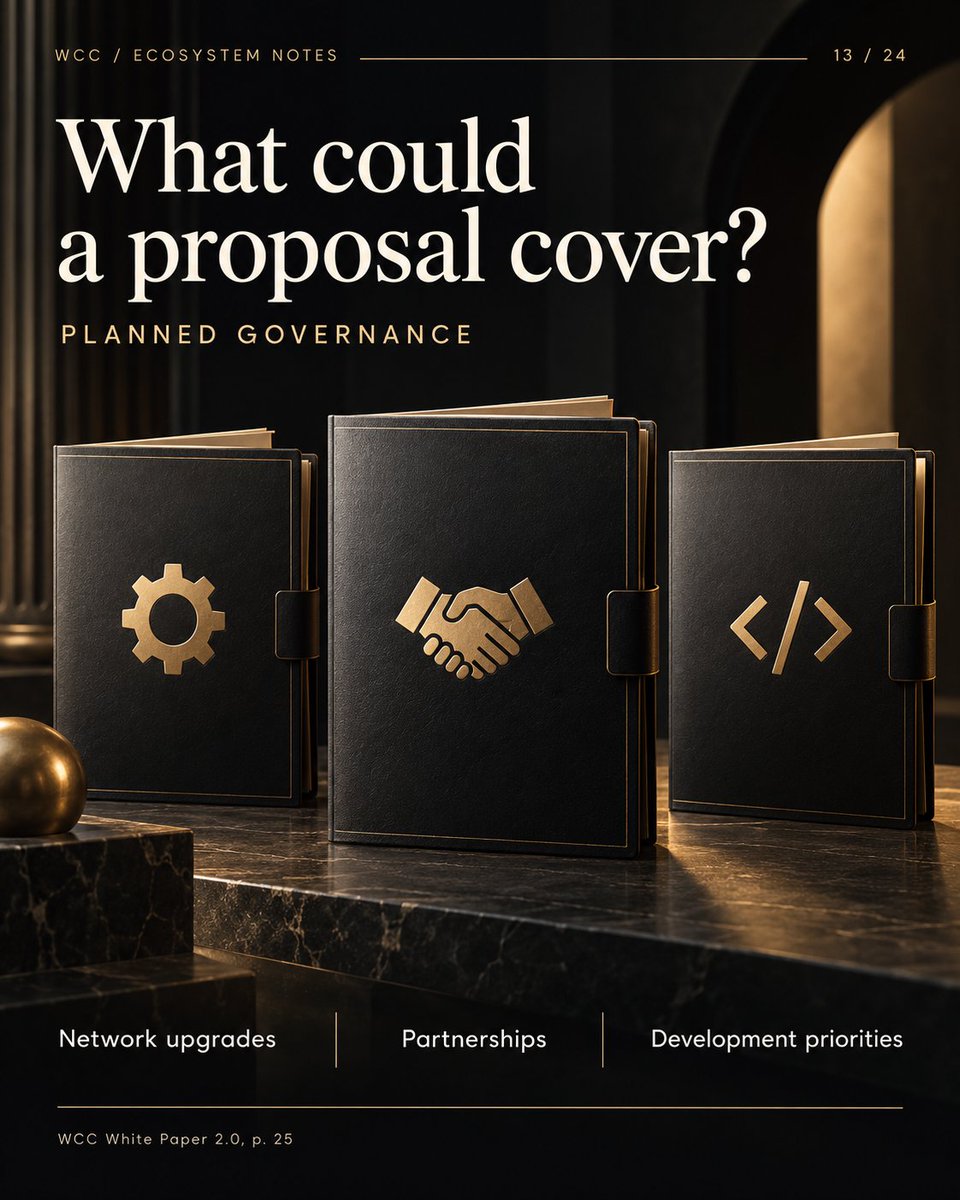 wcchainorg's tweet photo. Under WCC’s planned governance model, community members would submit proposals covering network upgrades, partnerships and development priorities. 

Holder voting would support decisions as the project moves toward community-led governance. https://t.co/ky9hcwQ5bS
