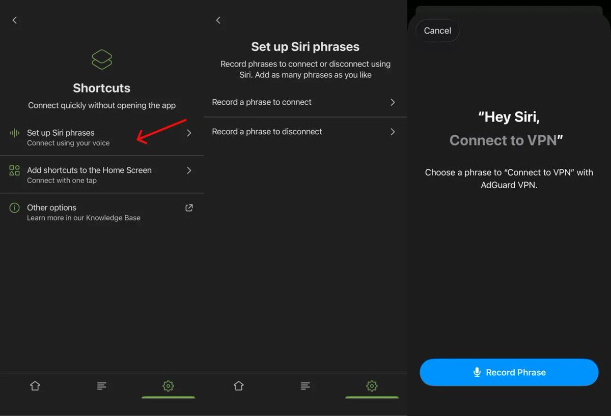 AdGuard's tweet photo. 🥷 AdGuard VPN v2.17 for iOS and Android: one update for two platforms

AdGuard VPN v2.17 is here — this time as a joint release for iOS and Android. Starting with this release, we'll keep updates for both platforms in sync to bring you key features and improvements faster.

📱 Take a shortcut (iOS)

You start the day with AdGuard VPN on. Then you need it off for a few minutes to check your bank account, so you open the app, tap Disconnect, open the banking app, close the banking app, open the AdGuard VPN app again, and tap Connect. Sure, that's easy enough to do once, but what if you do the same thing five times a day?

Shortcuts on iOS can make your life easier — you can connect or disconnect in one tap from your Home Screen, or set up an automation for a specific app.

To add a Connect, Disconnect, or Toggle VPN shortcut to your Home Screen, open the AdGuard VPN app and go to Settings → Shortcuts → Add Shortcuts to the Home Screen. You'll find quick installation instructions there. You can also add your shortcuts as a widget on the Home Screen, add a control to the Control Center, or set up automations to turn AdGuard VPN on for a specific app or Wi-Fi network.

🗣 Hey Siri, connect to AdGuard VPN

Sometimes even tapping the screen can feel like too much. Use a Siri voice command of your choosing to turn AdGuard VPN on and off whenever you want. Open the AdGuard VPN app and go to Settings → Shortcuts → Set up Siri phrases. Record separate phrases for connecting and disconnecting, and AdGuard VPN will follow your command.

🎁 Catch every discount (Android)

This one is for Android users. If you're waiting for the right moment to buy a VPN license, tracking discounts just got easier. When a promotion is active, it appears on the purchase screen in the app. There's no need to check our website or wait for an email to find out whether a special offer is available.

🌐 Change the script

You can now add domains written in non-Latin scripts, like *.рф for Russia and *.中国 for China. Just go to Exclusions → Add website and enter the domain you need.

Read all the details in our blog: https://t.co/iBtC1Fgpho