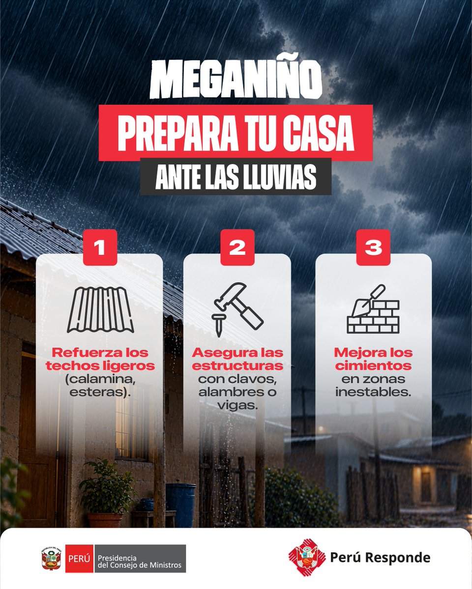 pcmperu's tweet photo. Preparar nuestras viviendas ante el #Meganiño puede reducir daños y proteger a nuestras familias frente a las lluvias intensas e inundaciones.

¡Un hogar más seguro también es una comunidad más preparada! 🇵🇪

#PerúResponde ante el fenómeno El Niño https://t.co/YSrnmMspUI